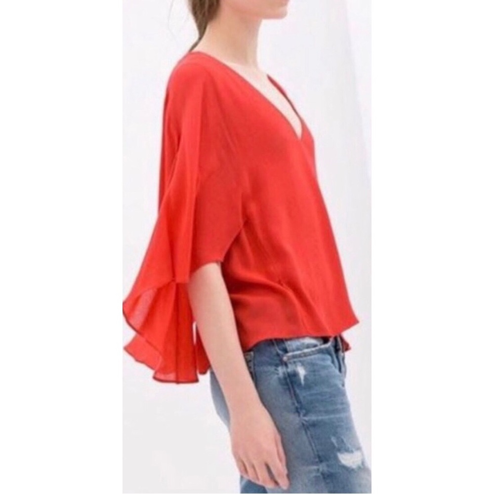 ZARA Coral Orange-Red Flowy V-Neck Cape Style Top - S